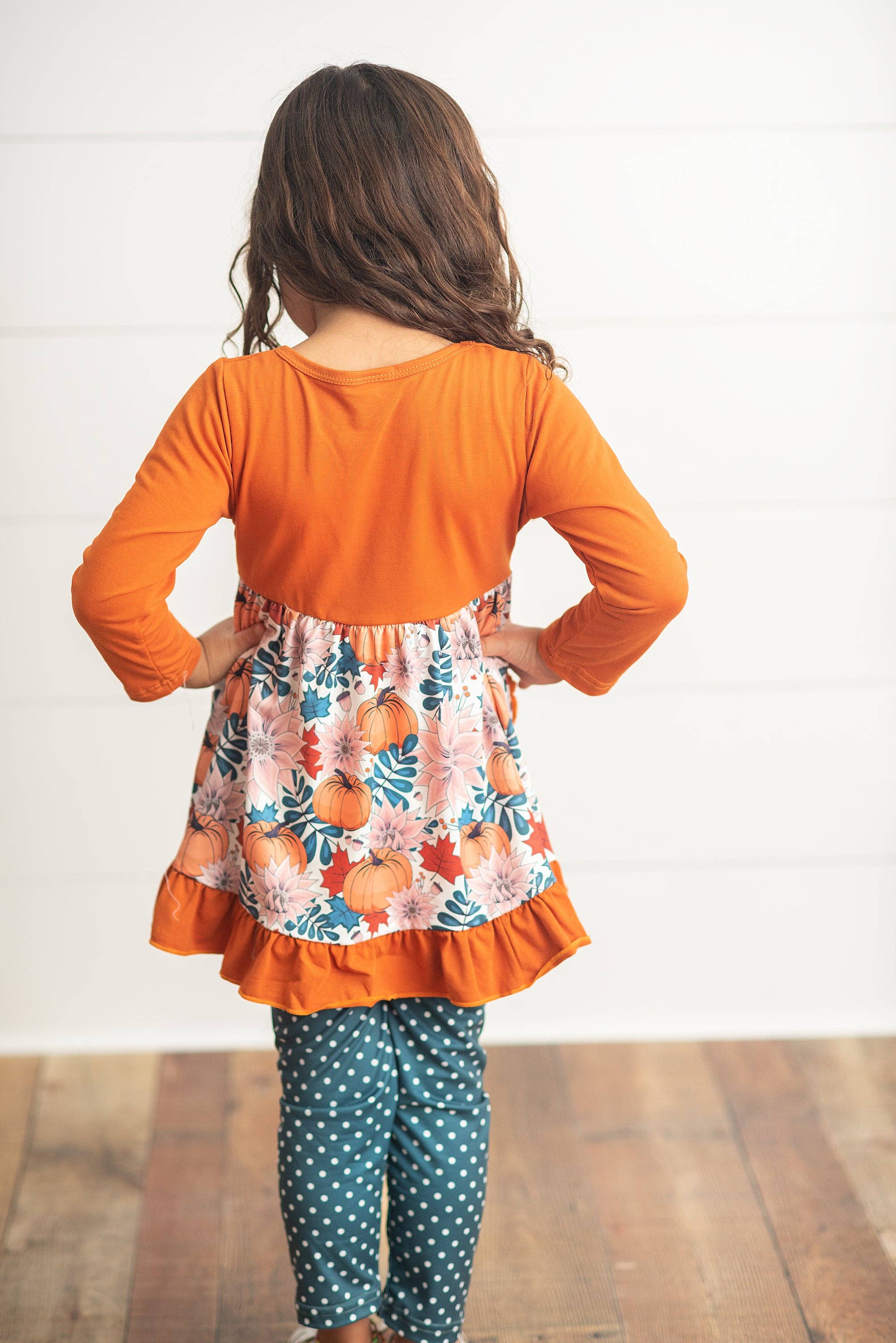 Adorable Sweetness - Kids Sage & Pumpkin Ruffle Pocket Polka Dot Fall Pant Set