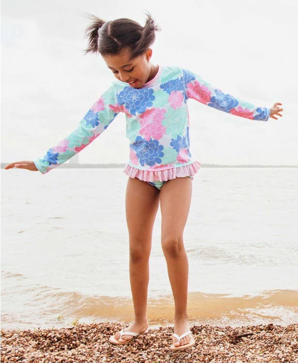 RuffleButts + RuggedButts - Girls Pastel Petals Long Sleeve Rash Guard 2-Piece Swimsuit with Signature Rear Ruffles
