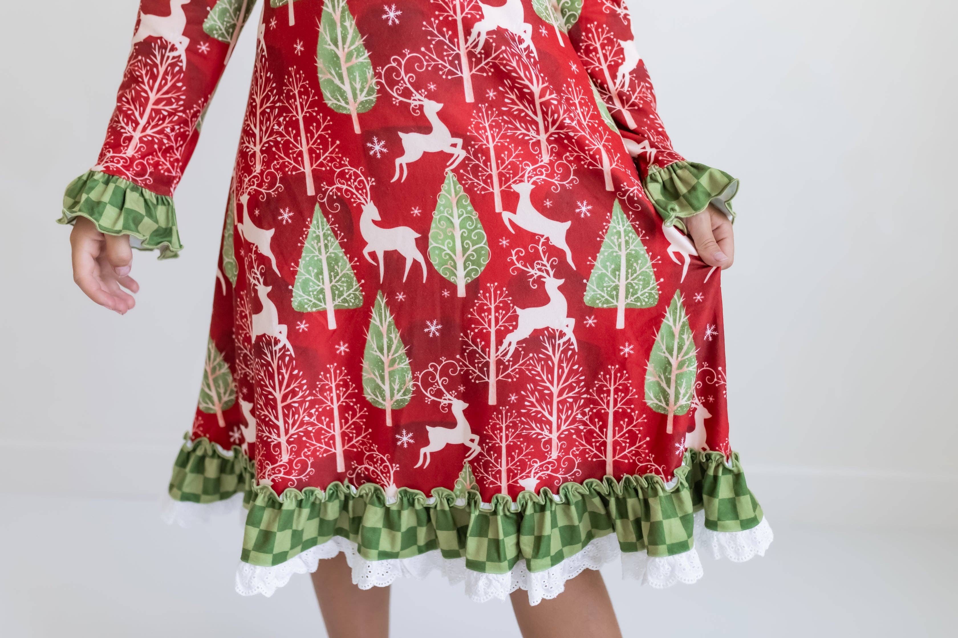 Oopsie Daisy - Kids Red Christmas Holiday Reindeer Ruffle Lounge Play Gown