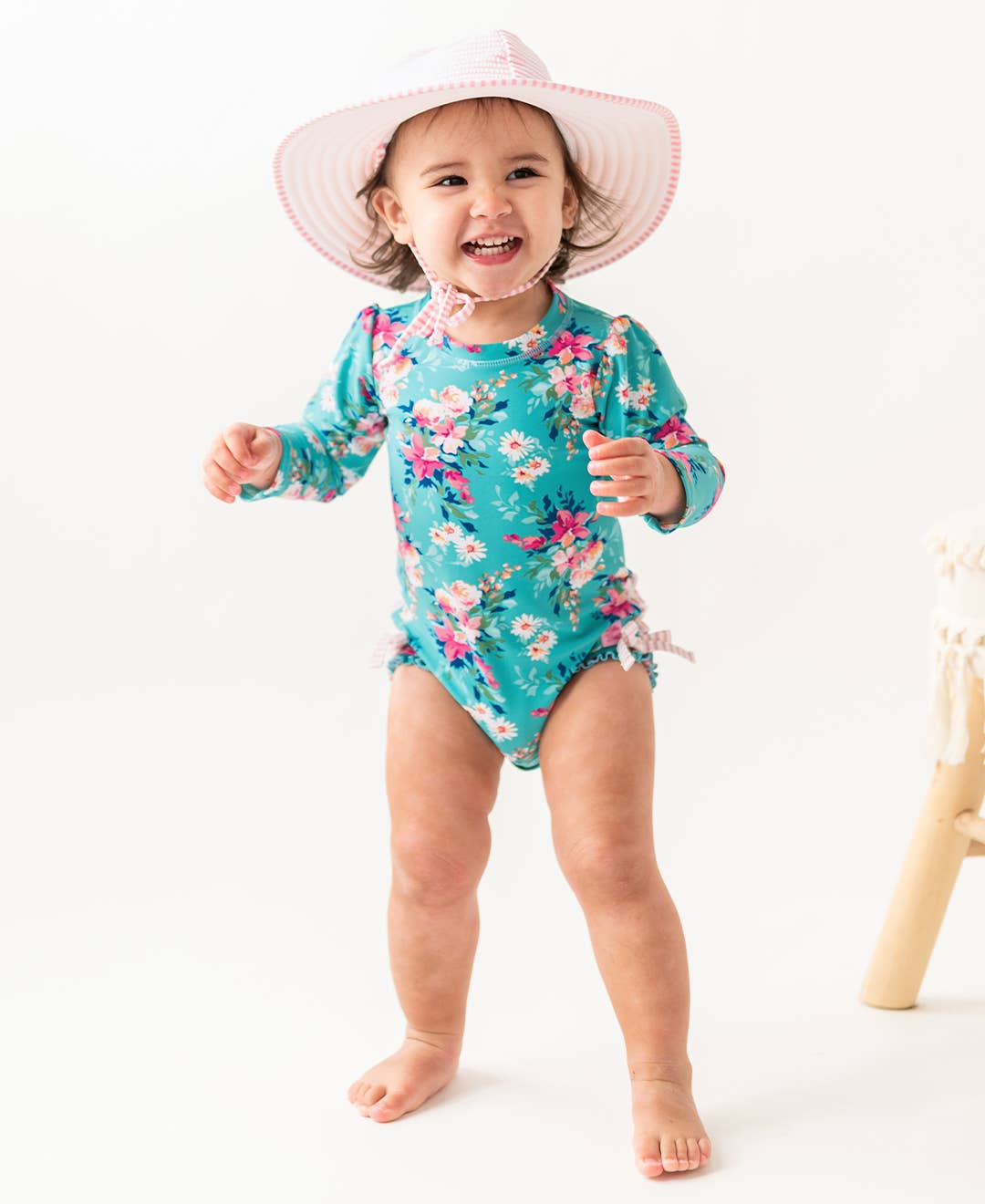 RuffleButts + RuggedButts - Girls Pink Seersucker Swim Hat