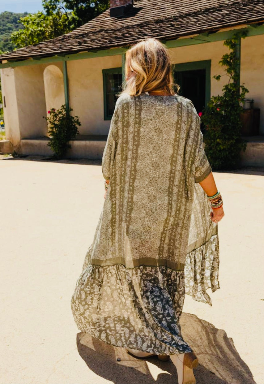 Paisley Tapestry Free Flow Duster Kimono-Olive