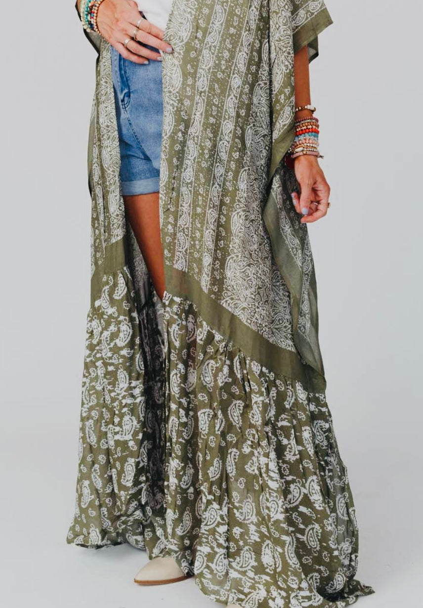 Paisley Tapestry Free Flow Duster Kimono-Olive