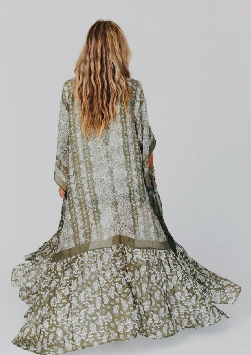 Paisley Tapestry Free Flow Duster Kimono-Olive