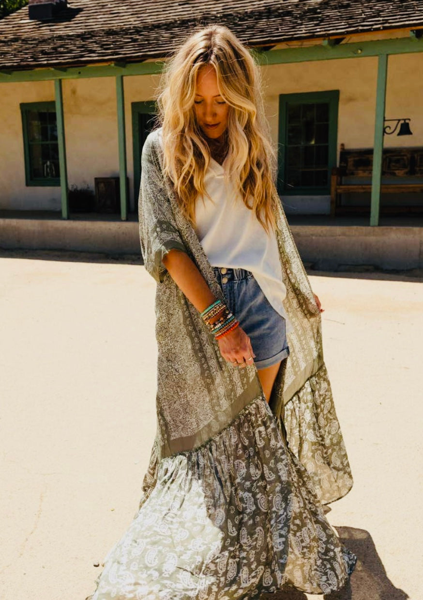 Paisley Tapestry Free Flow Duster Kimono-Olive