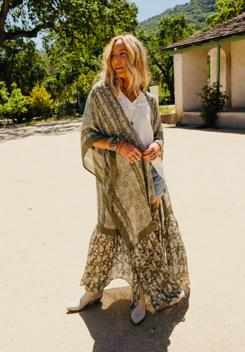 Paisley Tapestry Free Flow Duster Kimono-Olive