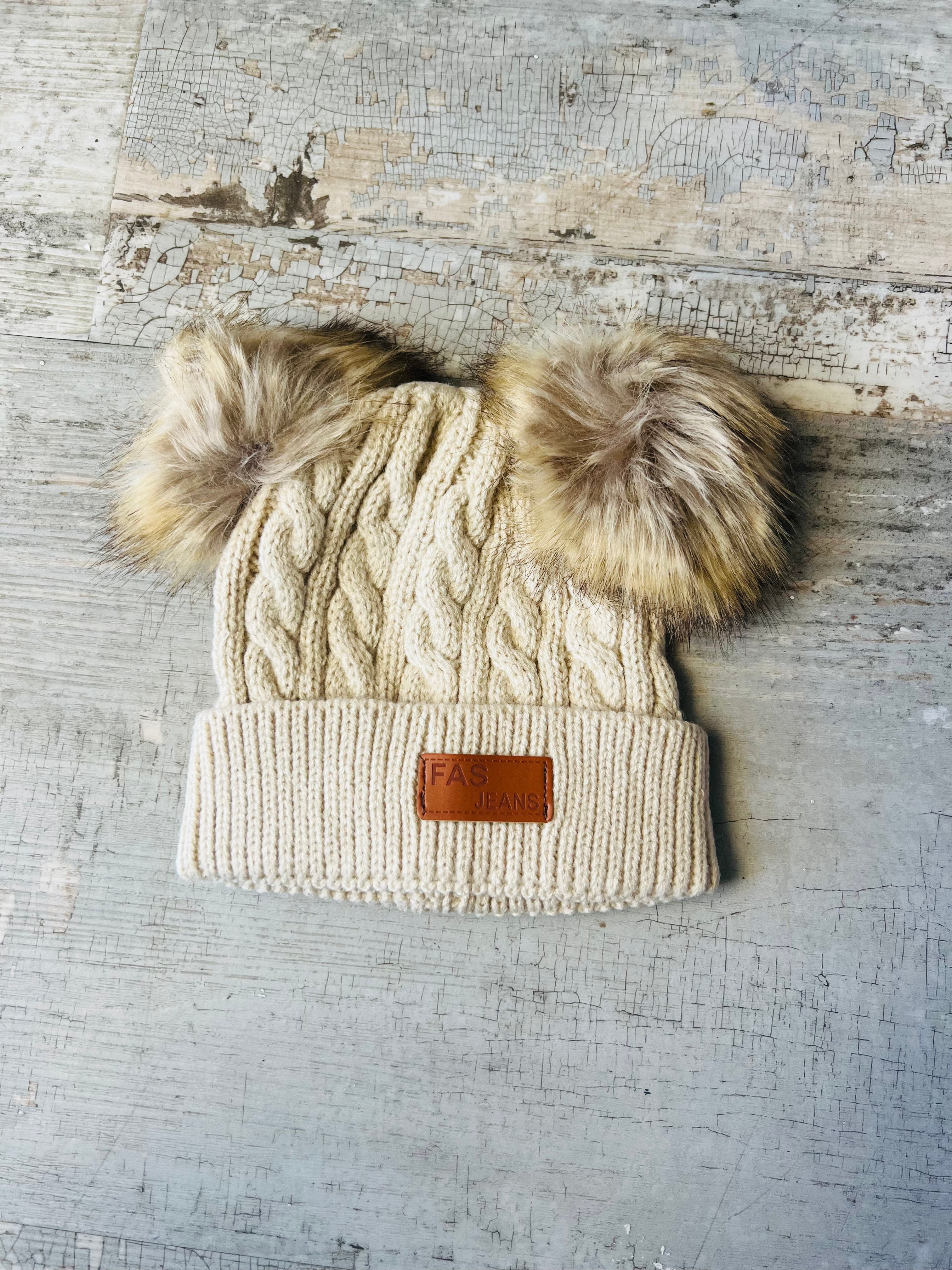 Cable Knit Fur Double Pom Pom Beanie