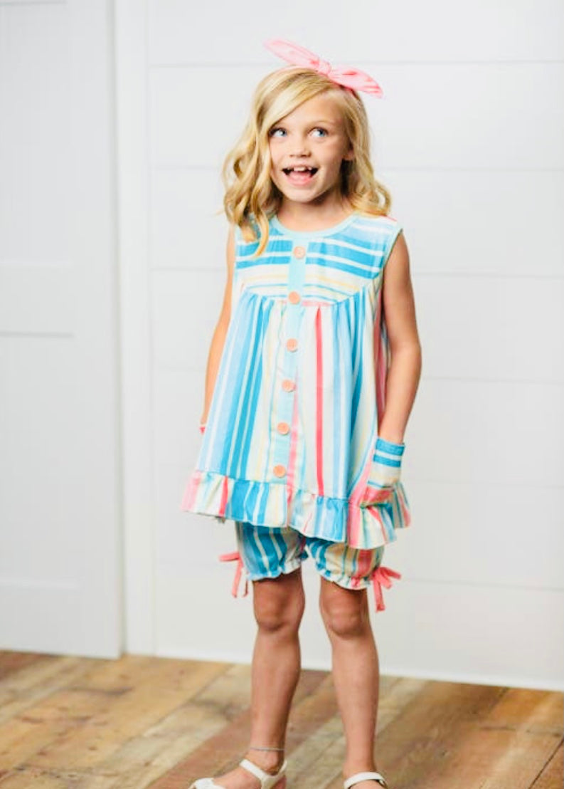 Kids Pastel Blue Rainbow Stripe Pocket Short Spring Set
