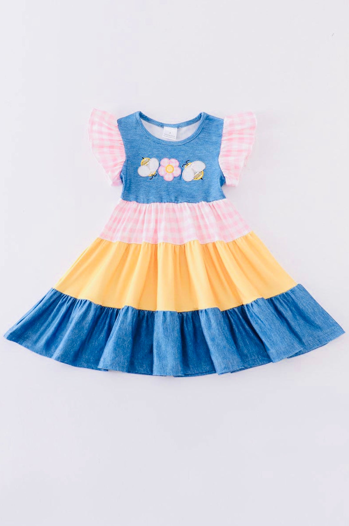 Navy bee appliqué tiered ruffle dress