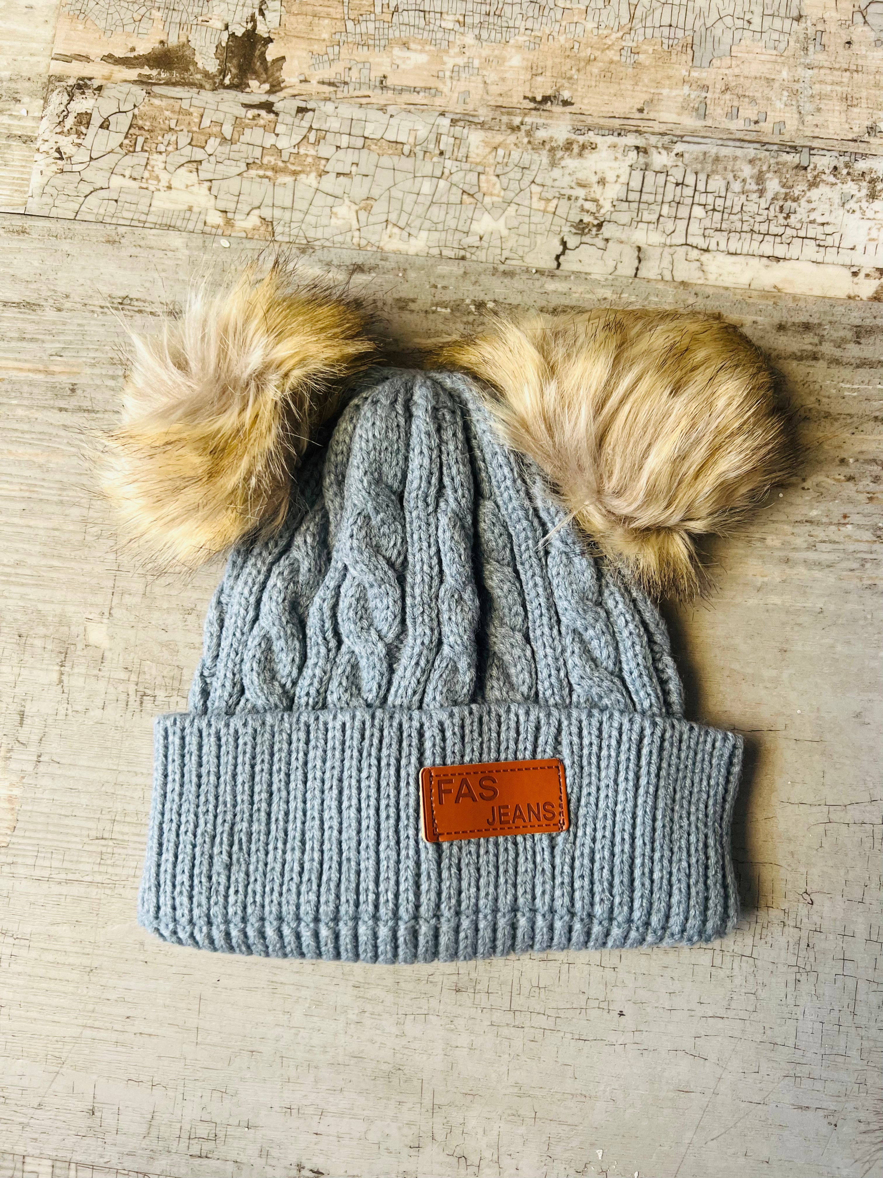 Cable Knit Fur Double Pom Pom Beanie