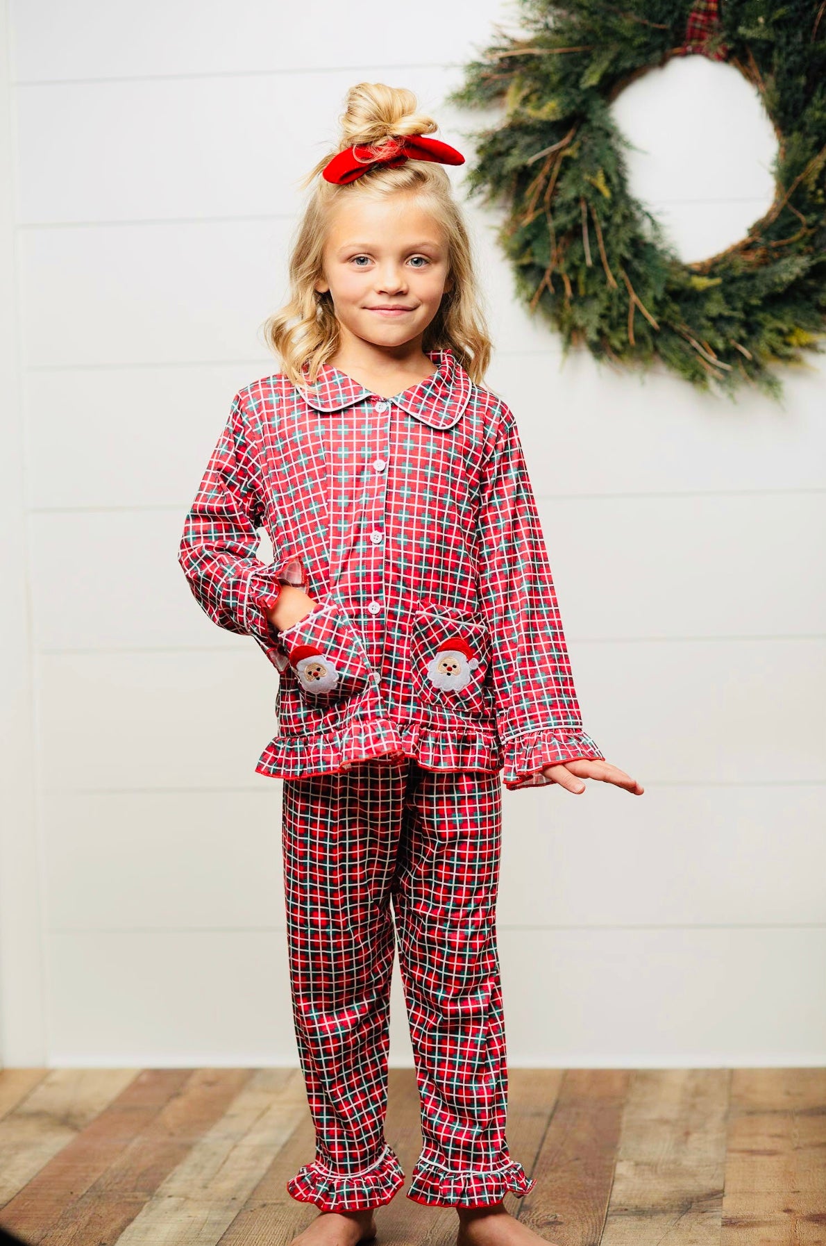 Kids Santa Plaid Pocket Button Lounge Christmas Winter Set