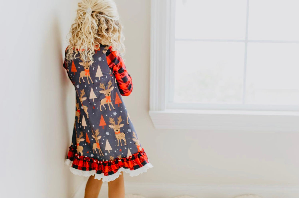 Deer Holiday Christmas Ruffle Button Lounge Gown