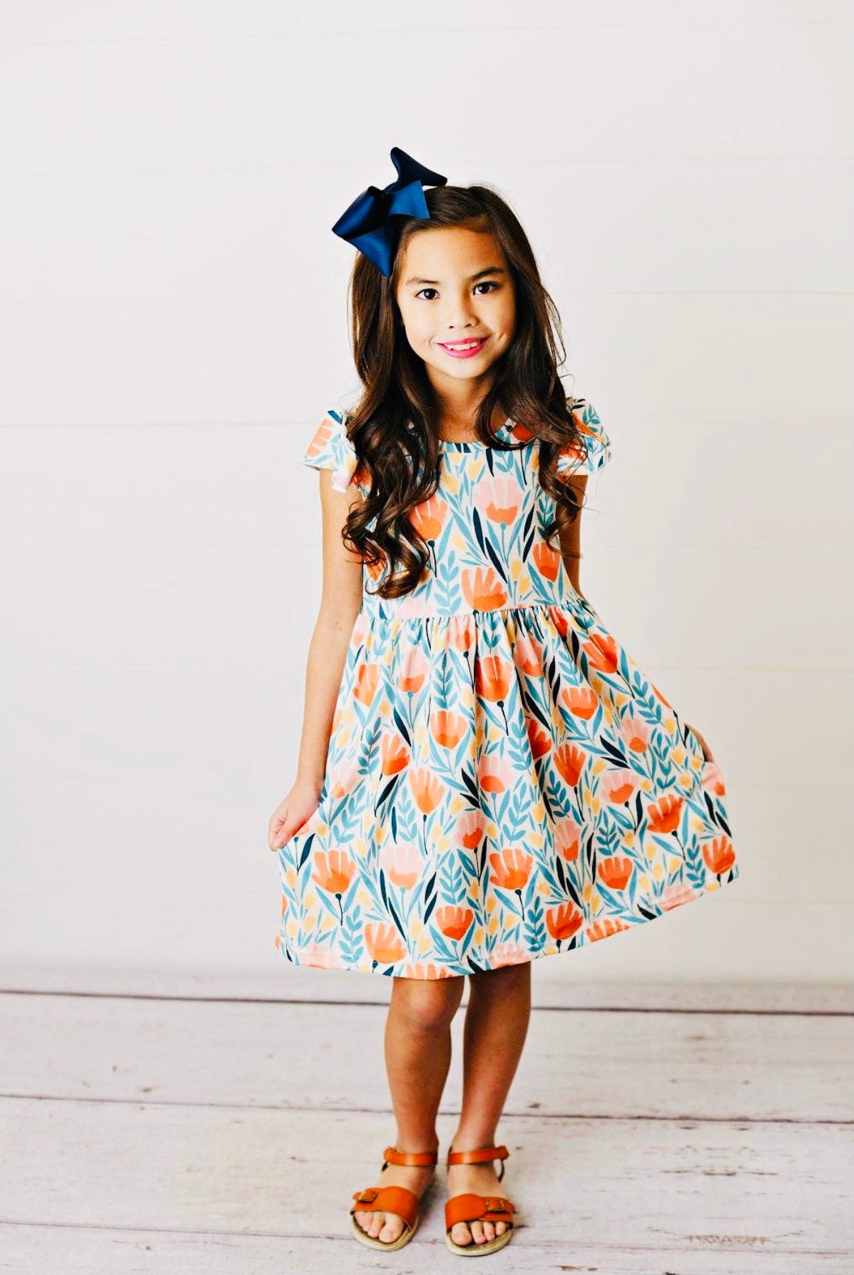 Coral Flower Flutter Sleeve Spring Dress