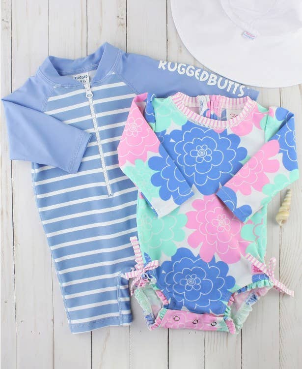 RuffleButts + RuggedButts - Baby Girls Pastel Petals Long Sleeve One Piece Rash Guard Swimsuit with Signature Rear Ruffles