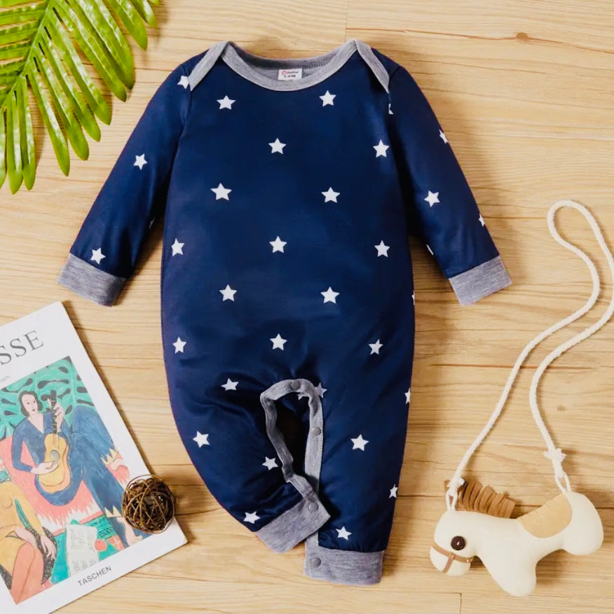 Baby Boy All Over StripedStar Print Long-Sleeve Jumpsuit- Dark Blue