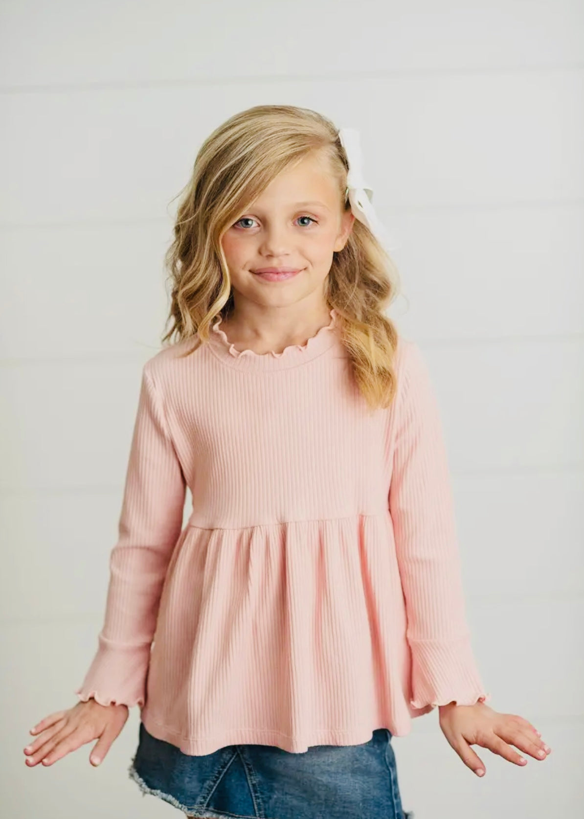 Kids Blush Pink Long Sleeve Lettuce Trim Ribbed Shirt ￼