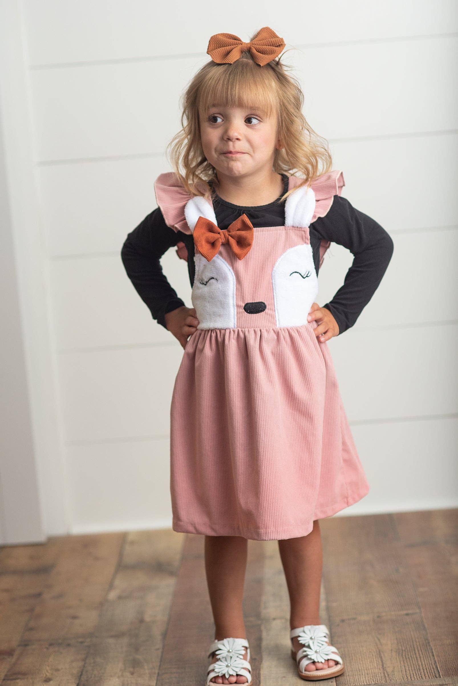 Oopsie Daisy - Kids Pink Corduroy Deer Ruffle Pinafore Jumper