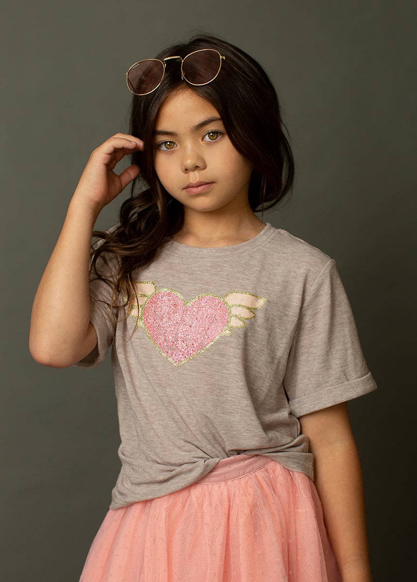 Joyfolie - Kid's Sacred Heart Tee in Heather Light Taupe