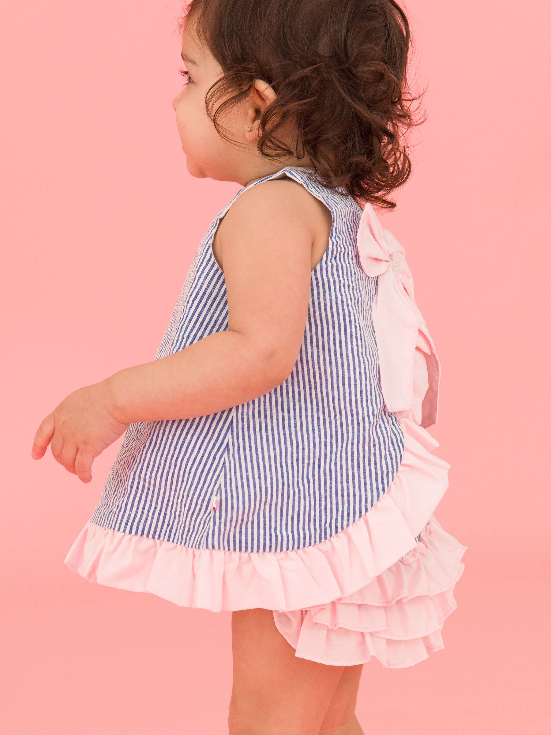 RuffleButts + RuggedButts - Baby Girls Classic Blue Seersucker Ruffle Swing Top and Bloomer Set