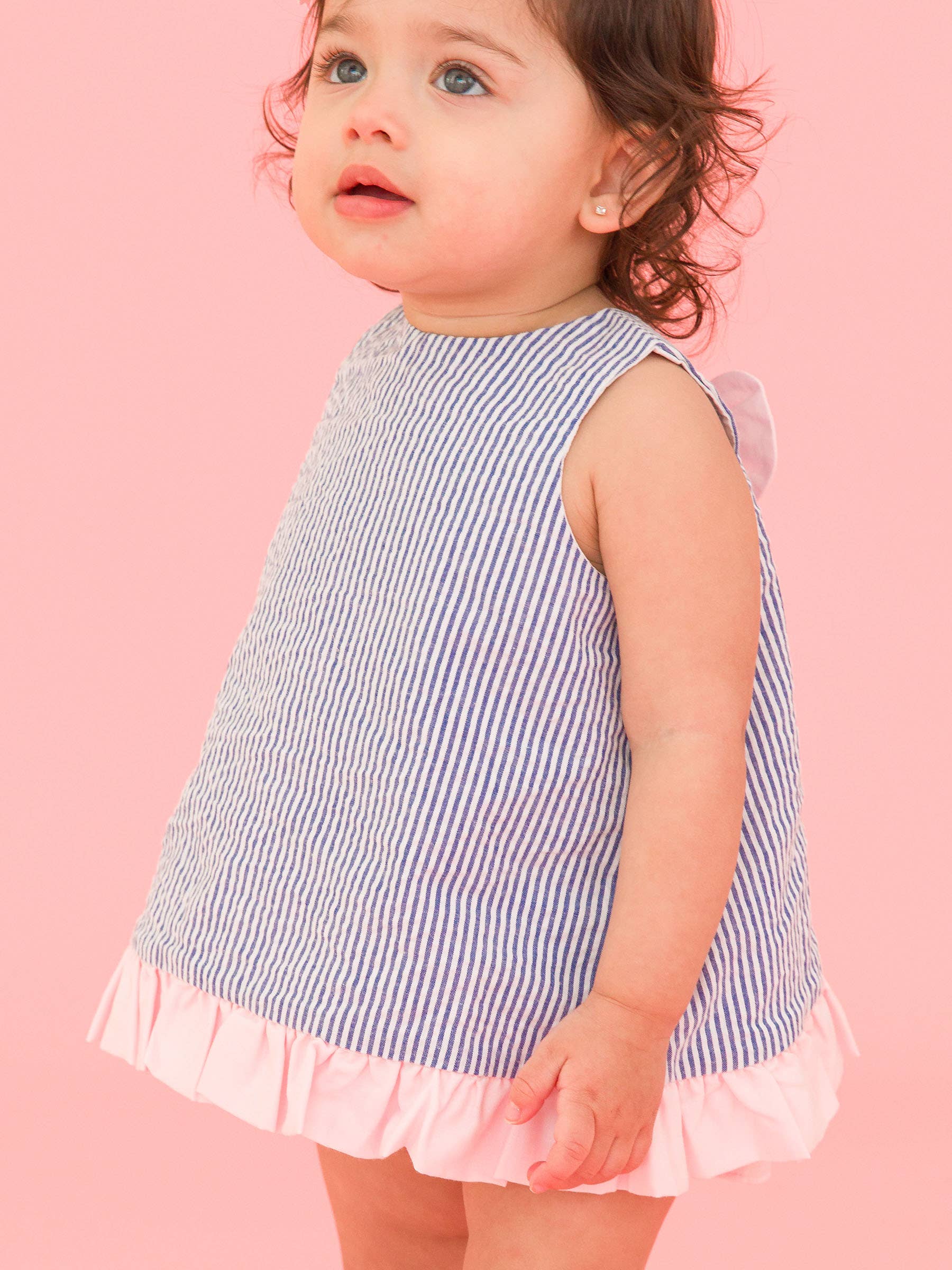 RuffleButts + RuggedButts - Baby Girls Classic Blue Seersucker Ruffle Swing Top and Bloomer Set