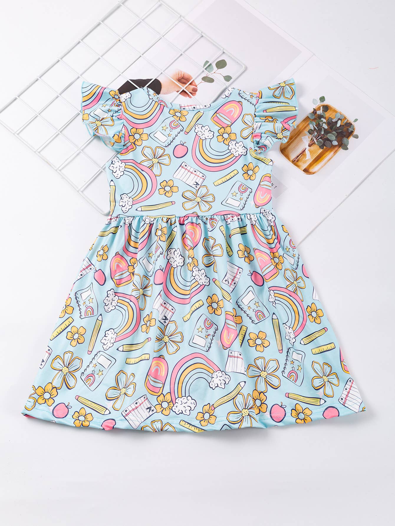 Little Trendy - Back to School Apple pencil rainbow ruffle flutter Dress