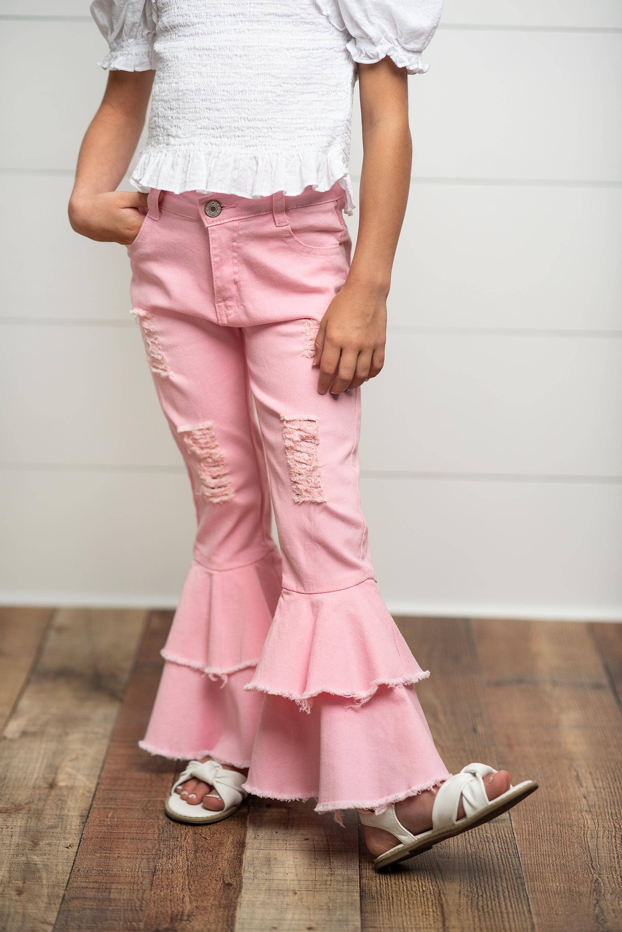 Oopsie Daisy - Kids Light Pink Distressed Denim Double Ruffle Pant Jeans
