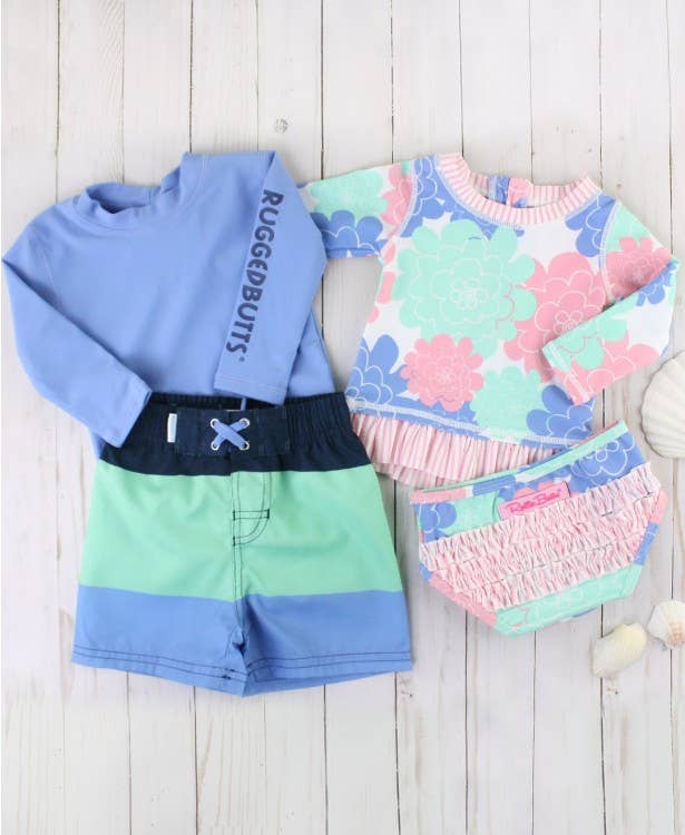 RuffleButts + RuggedButts - Girls Pastel Petals Long Sleeve Rash Guard 2-Piece Swimsuit with Signature Rear Ruffles