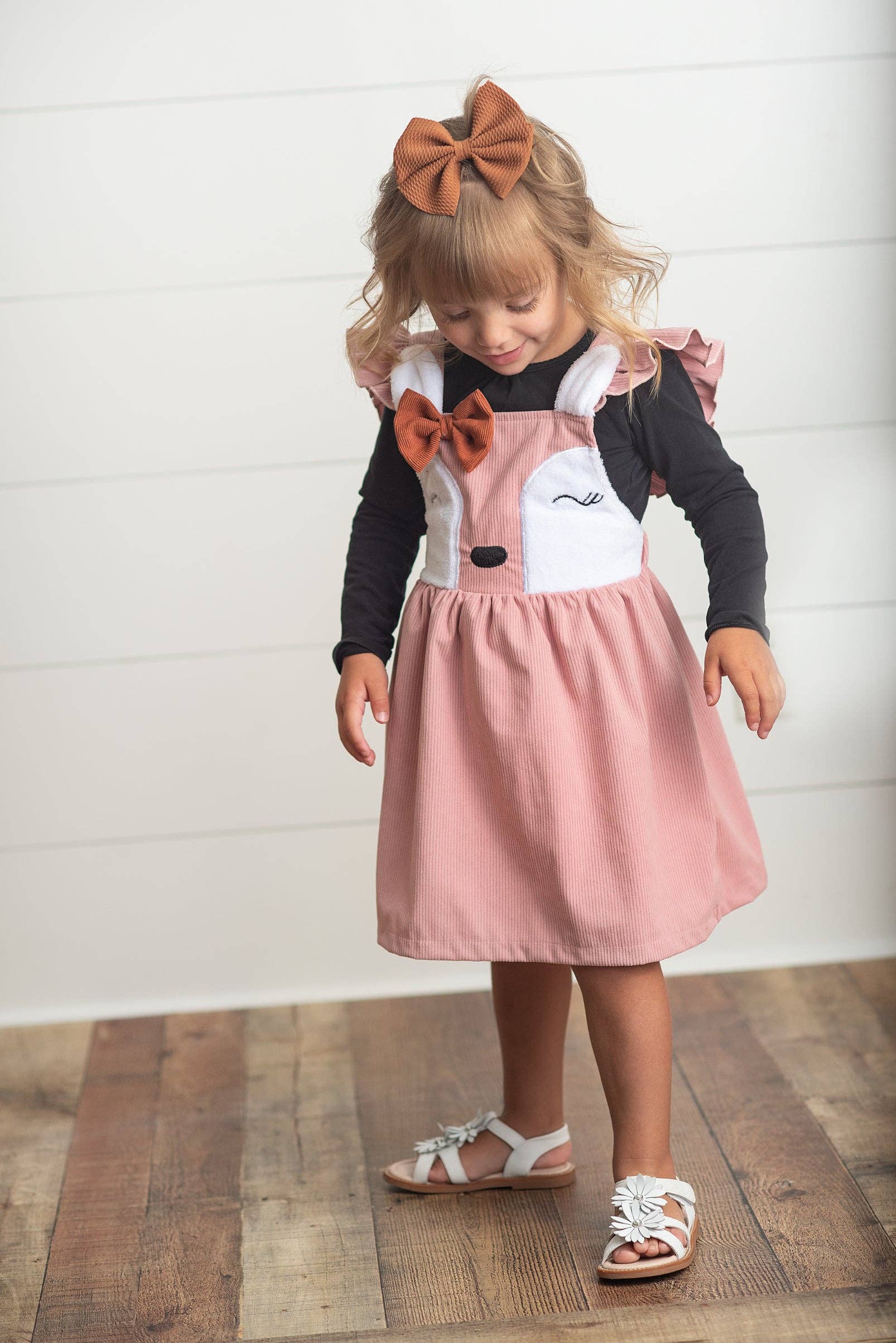 Oopsie Daisy - Kids Pink Corduroy Deer Ruffle Pinafore Jumper