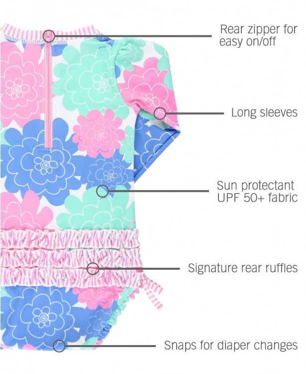 RuffleButts + RuggedButts - Baby Girls Pastel Petals Long Sleeve One Piece Rash Guard Swimsuit with Signature Rear Ruffles