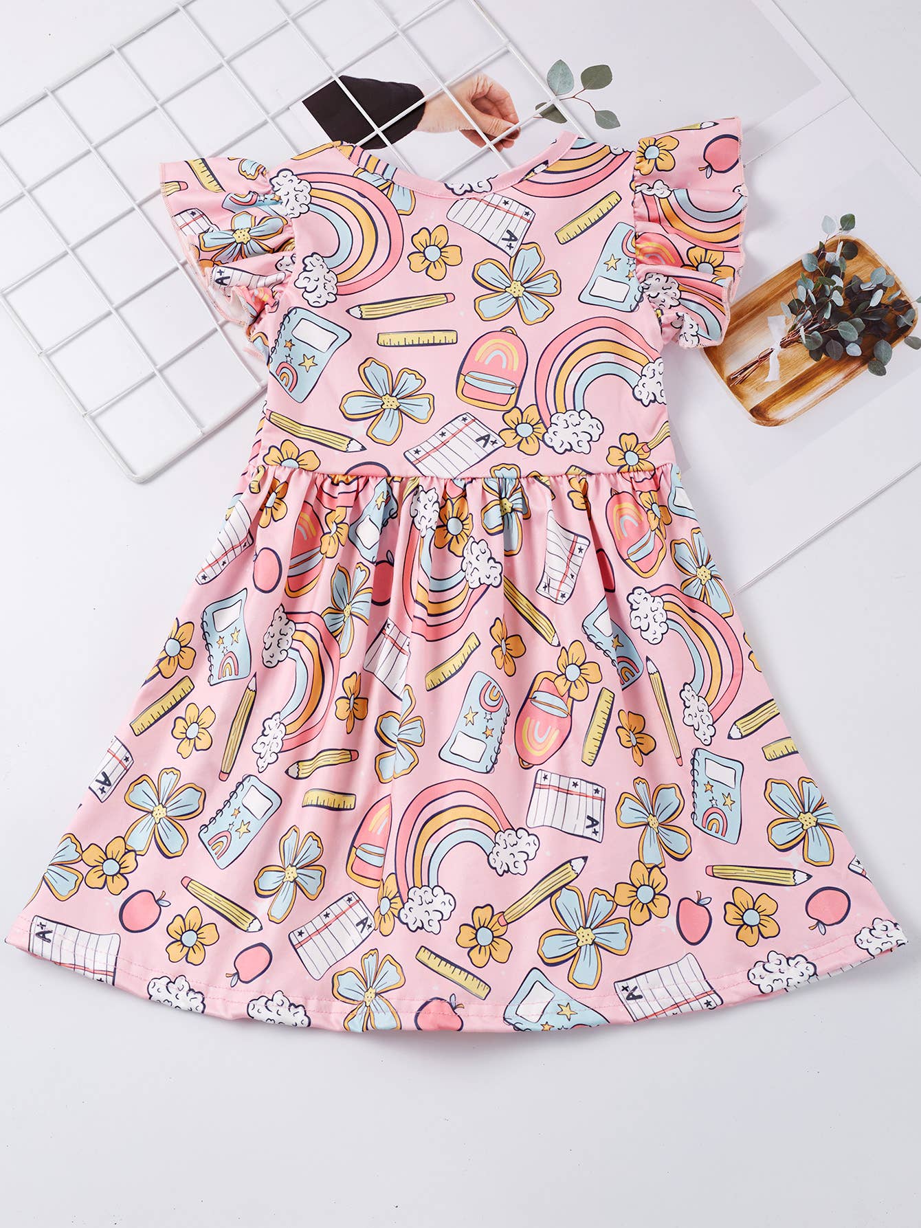 Little Trendy - Back to School Apple pencil rainbow ruffle flutter Dress