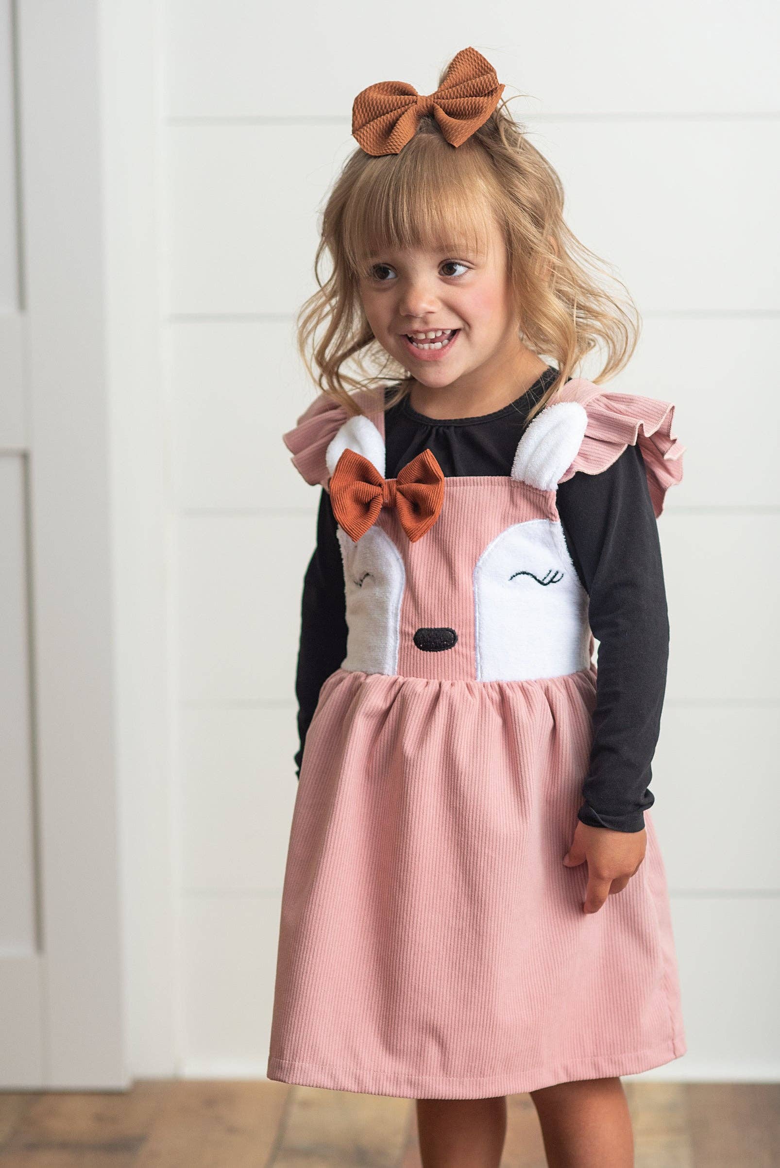 Oopsie Daisy - Kids Pink Corduroy Deer Ruffle Pinafore Jumper