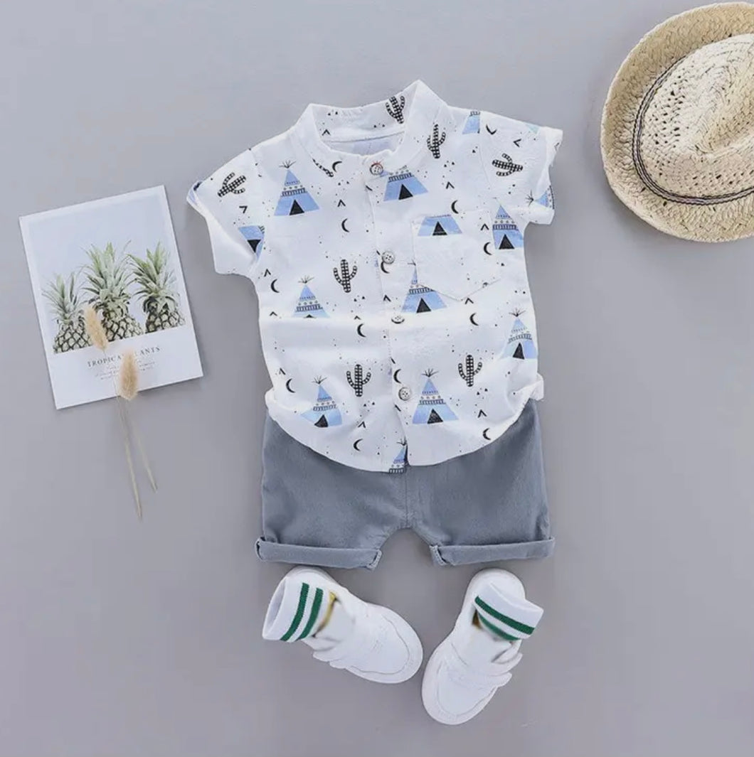 Cactus Print Short-Sleeve Shirt and Pants Set