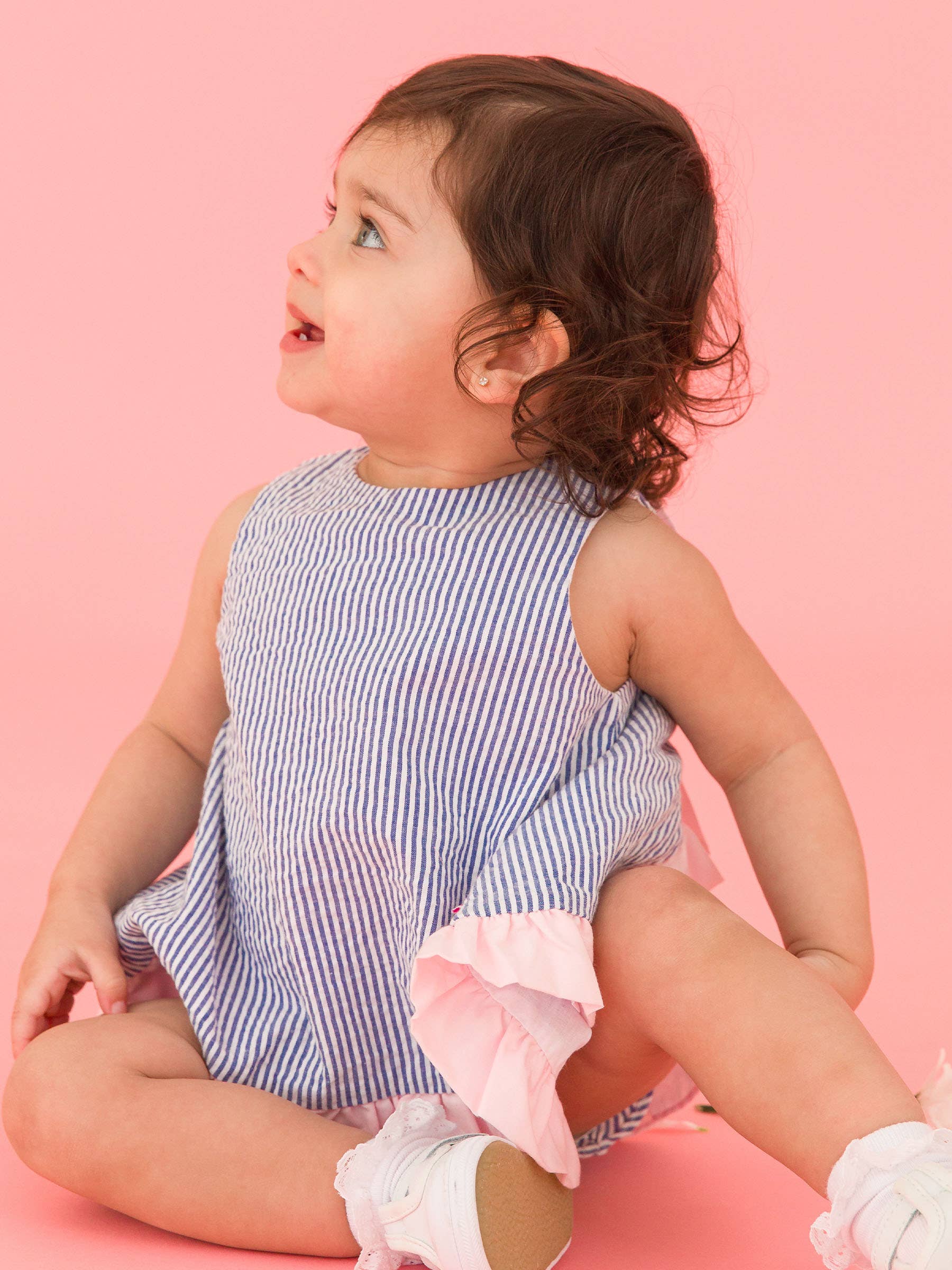 RuffleButts + RuggedButts - Baby Girls Classic Blue Seersucker Ruffle Swing Top and Bloomer Set