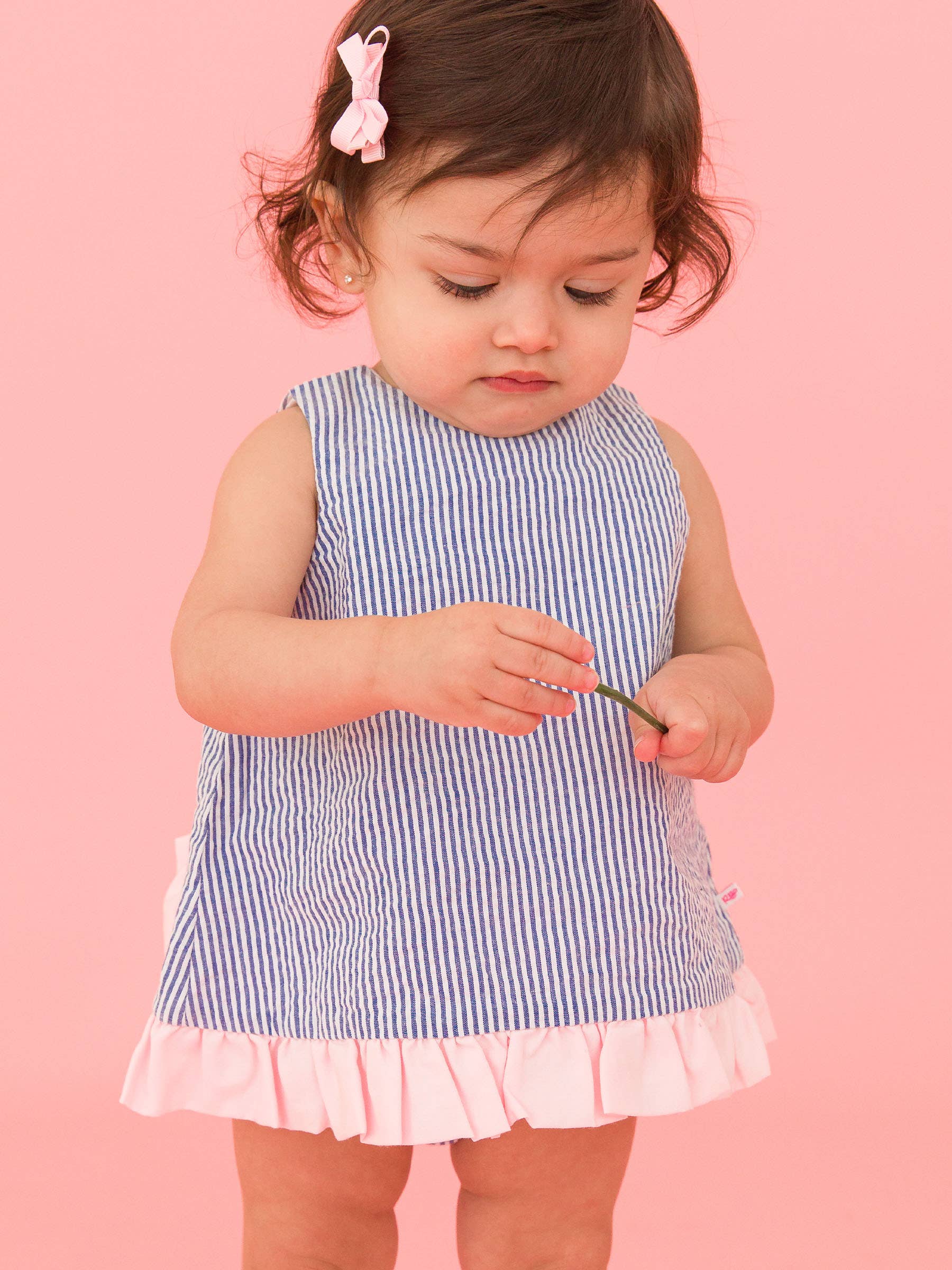 RuffleButts + RuggedButts - Baby Girls Classic Blue Seersucker Ruffle Swing Top and Bloomer Set