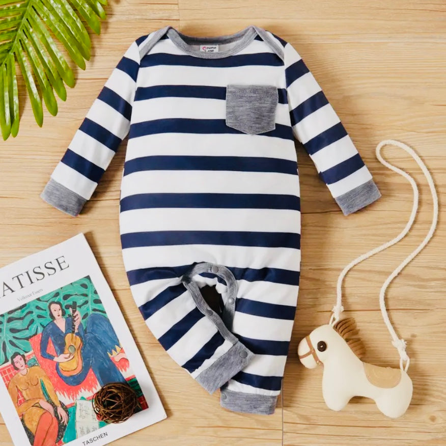 Baby Boy All Over StripedStar Print Long-Sleeve Jumpsuit-Dark Blue+White