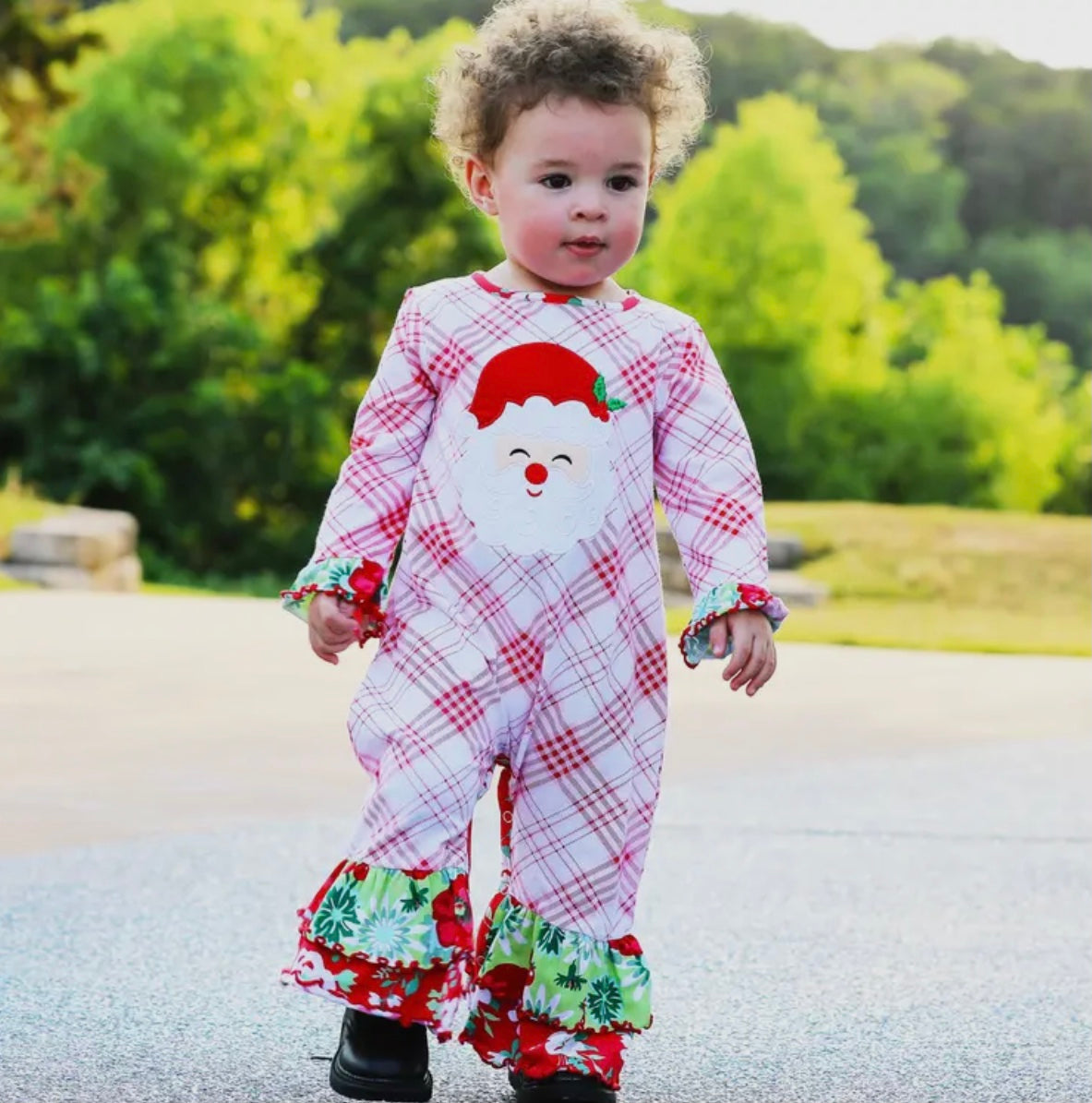 Baby Girl Red Plaid Santa Christmas Holiday Romper