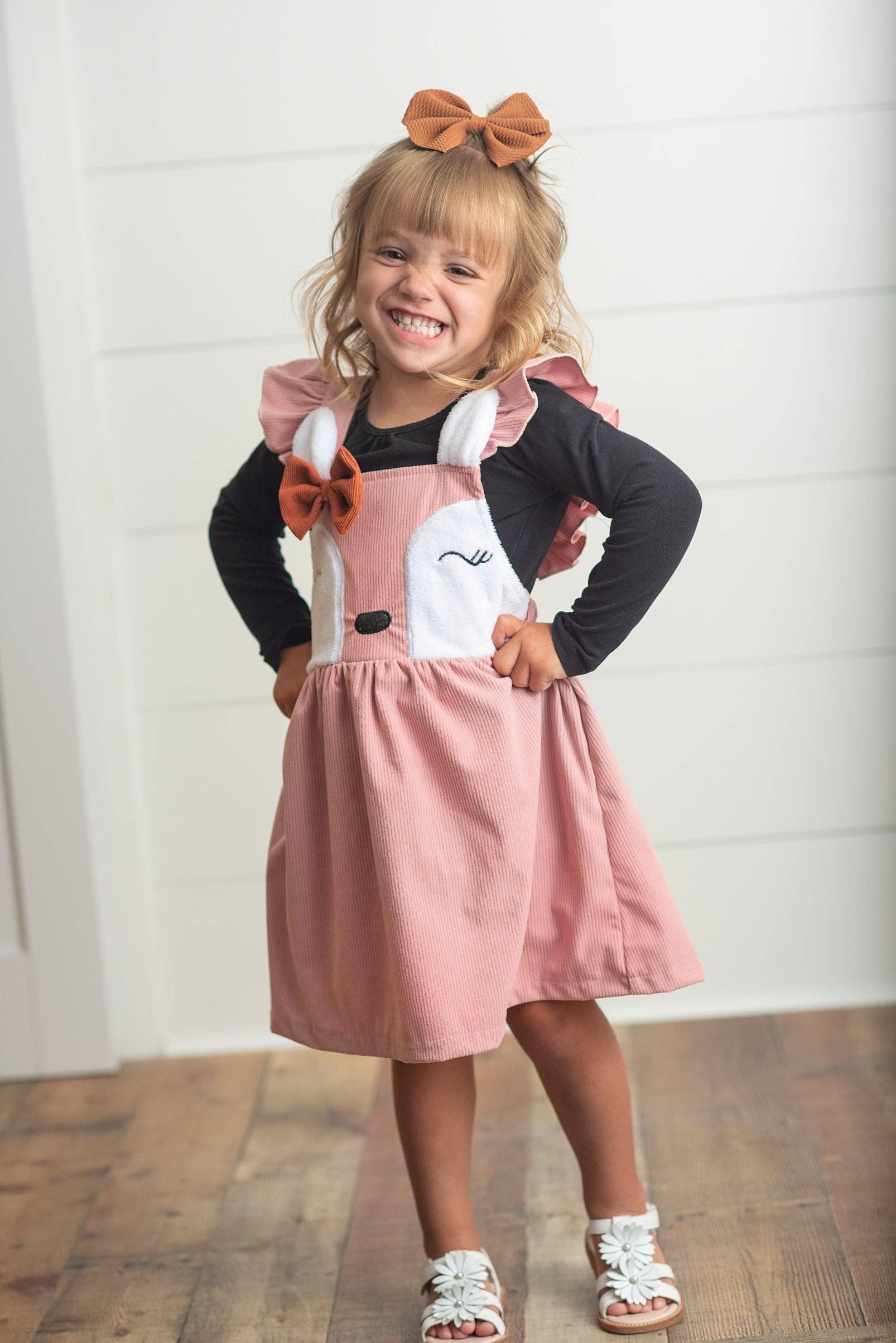 Oopsie Daisy - Kids Pink Corduroy Deer Ruffle Pinafore Jumper