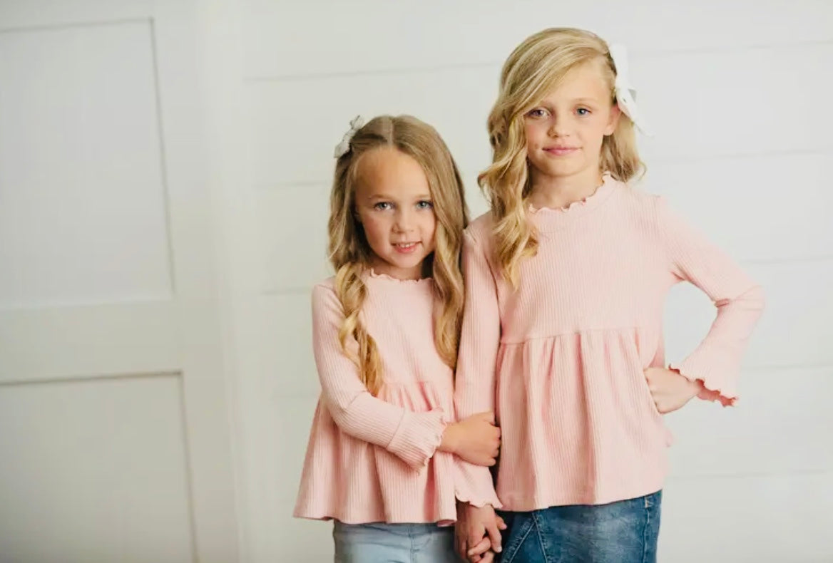 Kids Blush Pink Long Sleeve Lettuce Trim Ribbed Shirt ￼