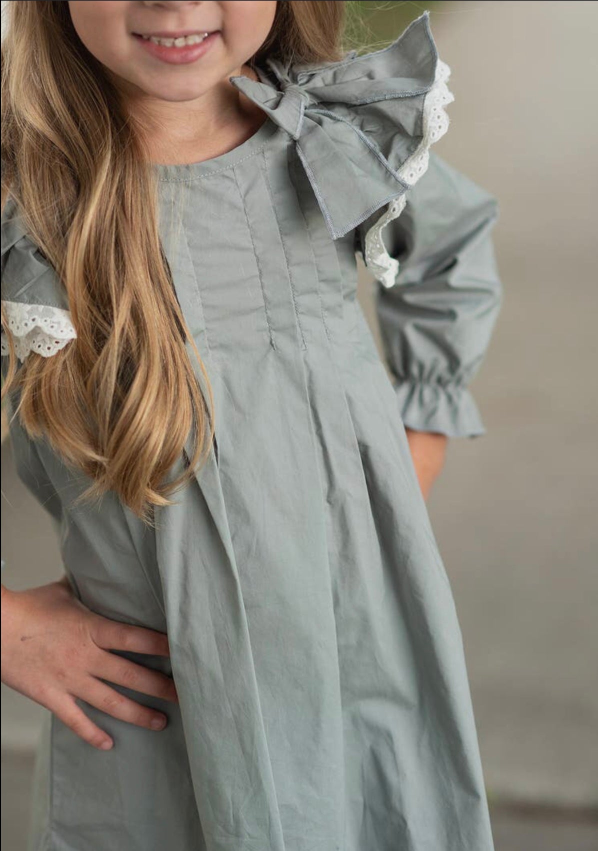 Kids Pin Tuck Blue/Gray Ruffle Lace Bow Dress