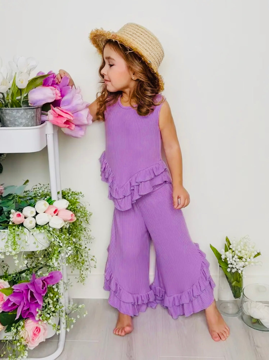 Just Being Cute Lilac Ruffle Pants Set