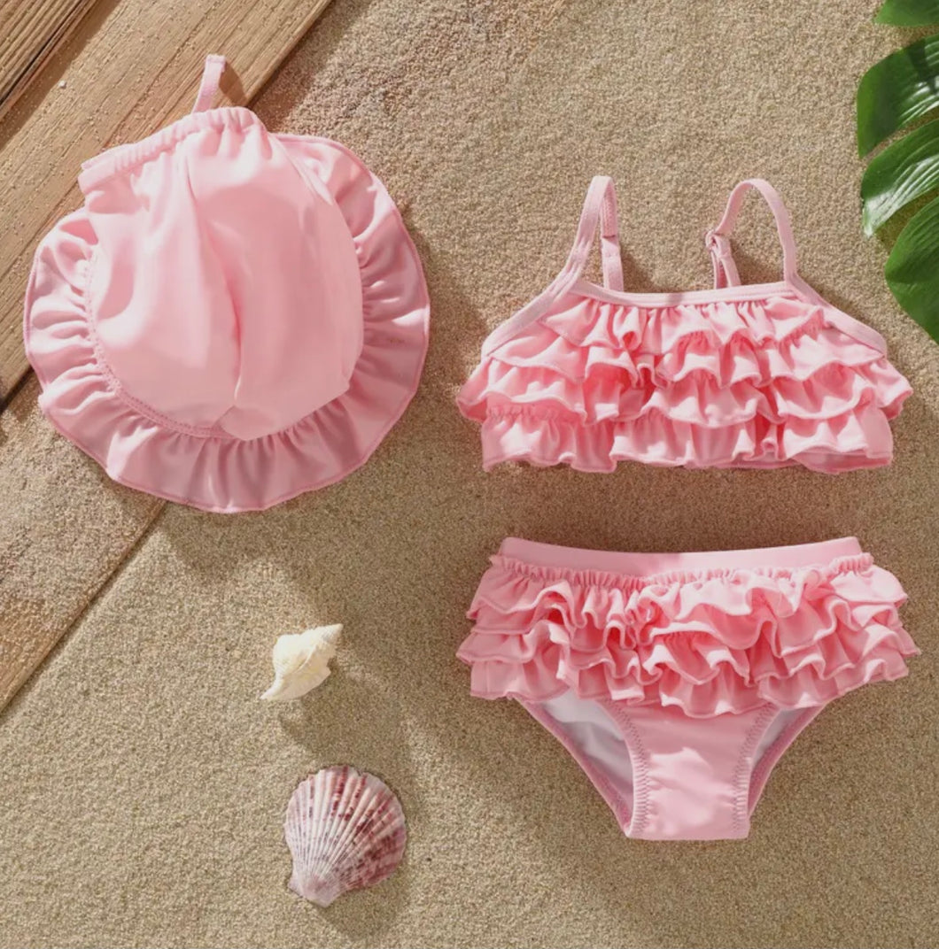 3pcs Baby Girl Sweet Ruffle Edge Swimsuit Set