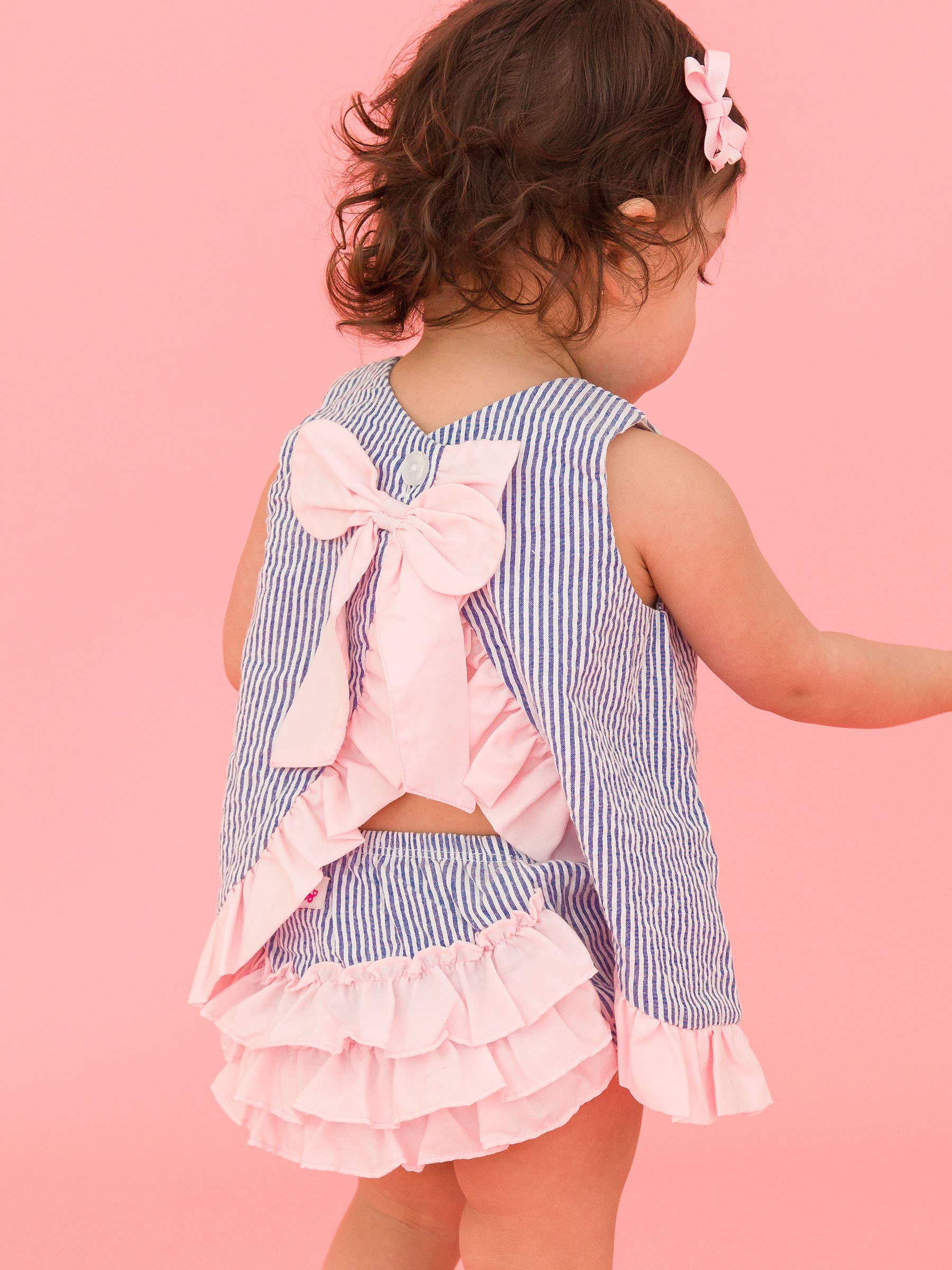 RuffleButts + RuggedButts - Baby Girls Classic Blue Seersucker Ruffle Swing Top and Bloomer Set