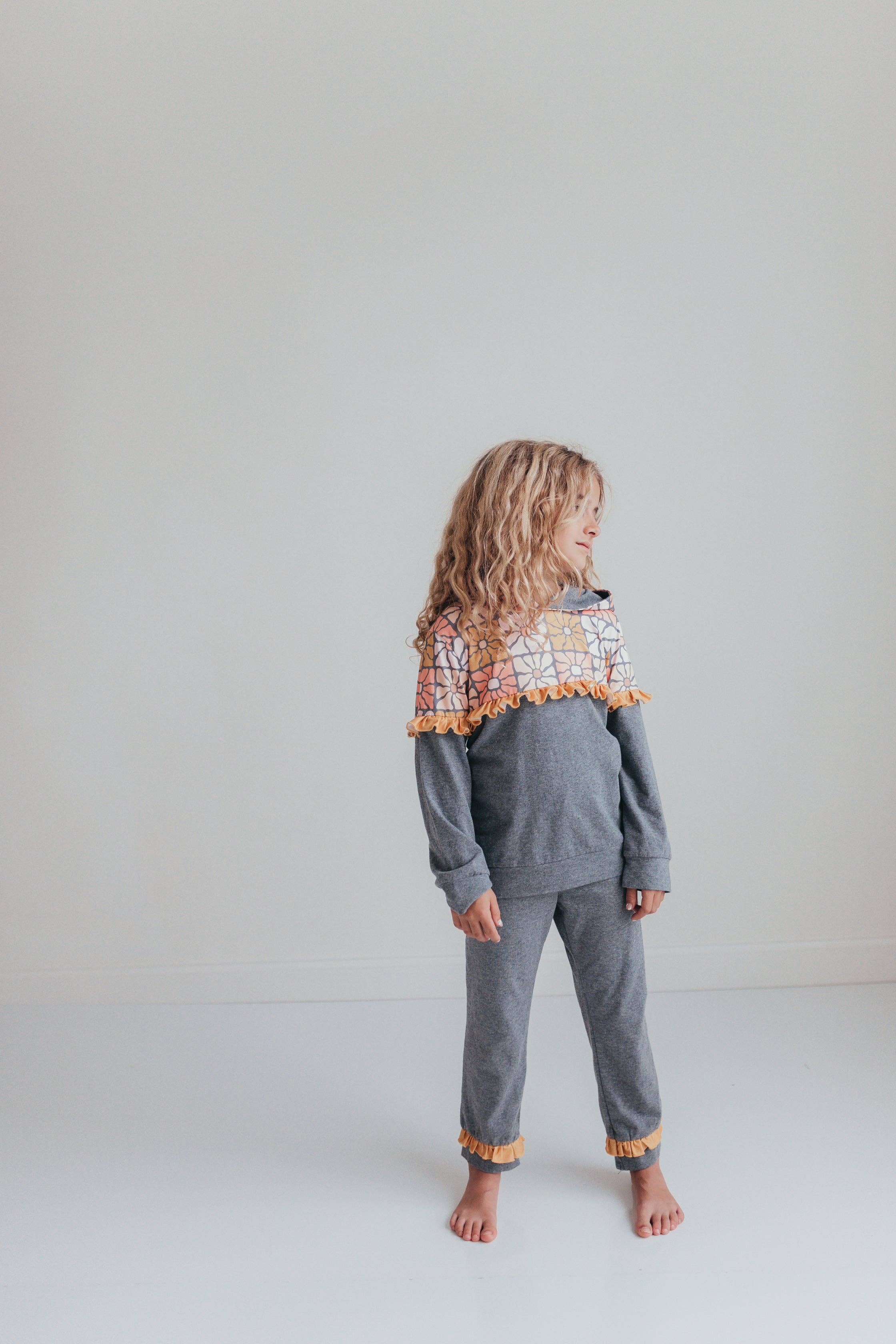 Adorable Sweetness - Kids Gray & Mustard Flower Hoodie Sweat Pant Loungewear Set