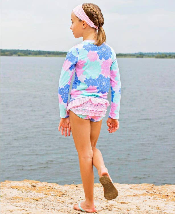 RuffleButts + RuggedButts - Girls Pastel Petals Long Sleeve Rash Guard 2-Piece Swimsuit with Signature Rear Ruffles