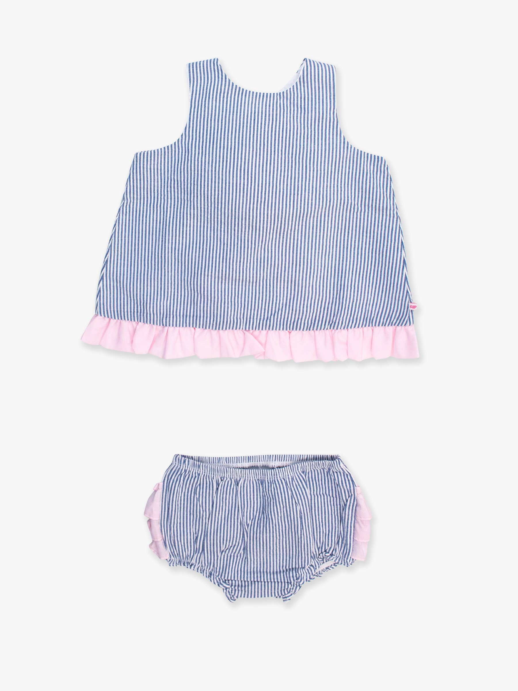 RuffleButts + RuggedButts - Baby Girls Classic Blue Seersucker Ruffle Swing Top and Bloomer Set