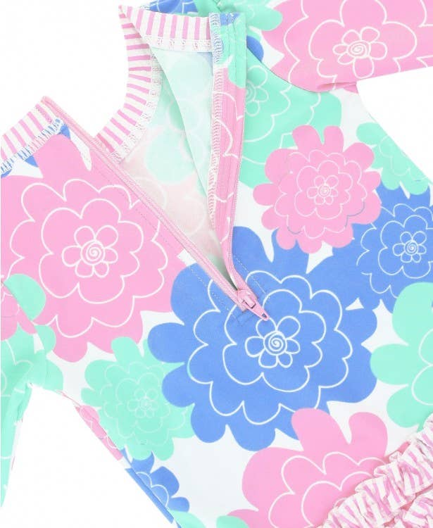 RuffleButts + RuggedButts - Baby Girls Pastel Petals Long Sleeve One Piece Rash Guard Swimsuit with Signature Rear Ruffles