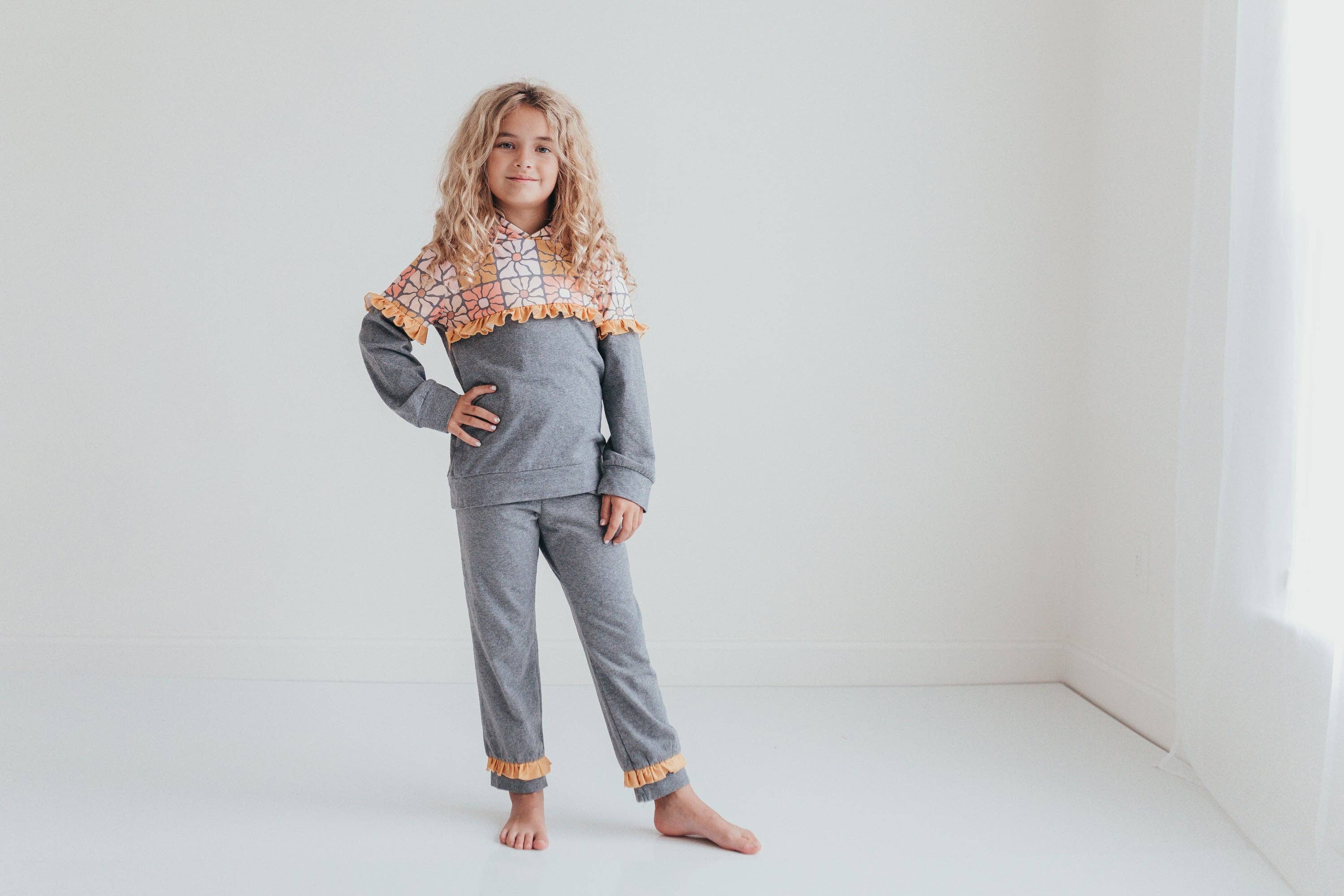 Adorable Sweetness - Kids Gray & Mustard Flower Hoodie Sweat Pant Loungewear Set