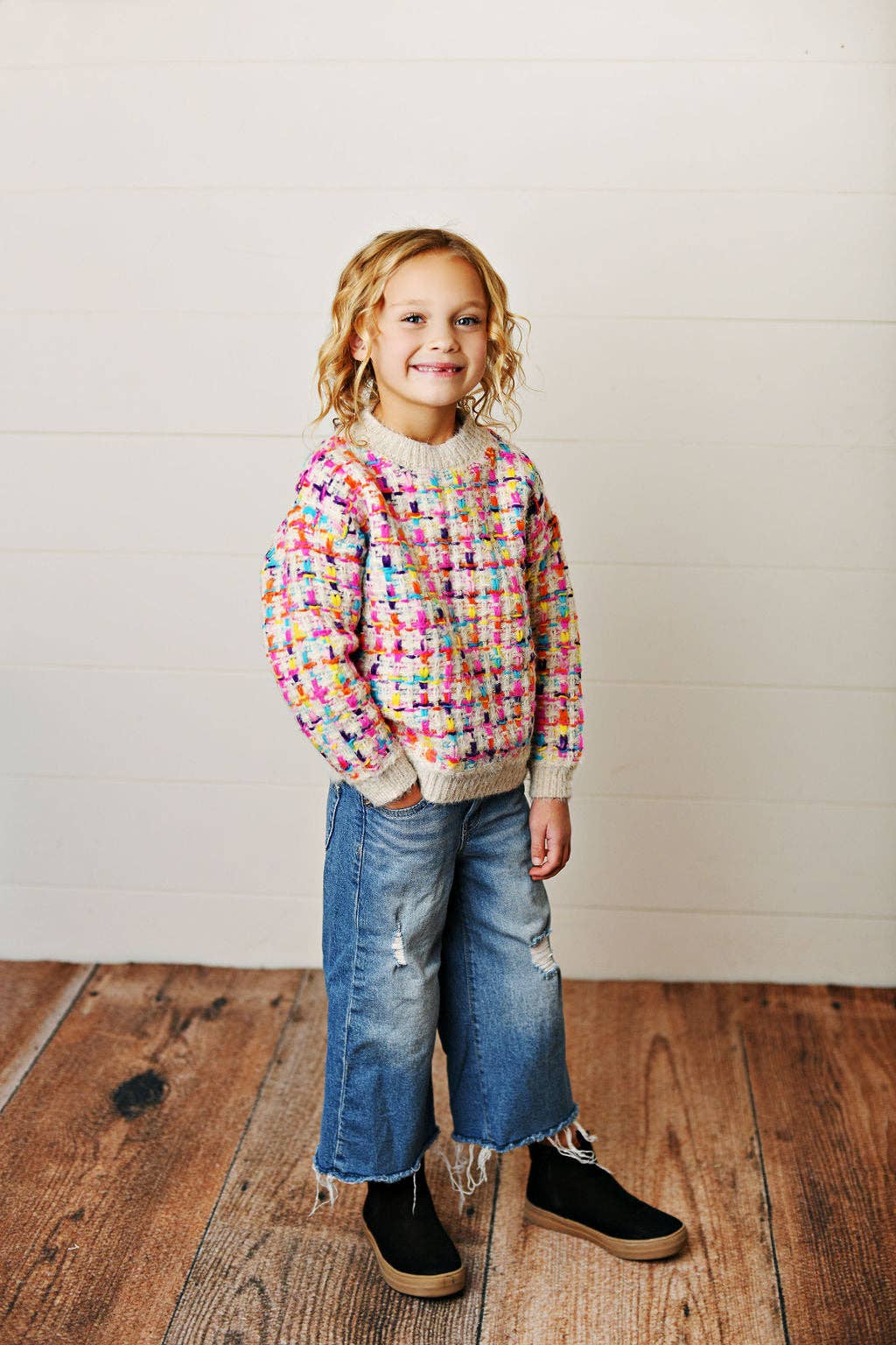 Adorable Sweetness - Kids Rainbow Colored Knit Texture Crew Neck Fall Sweater