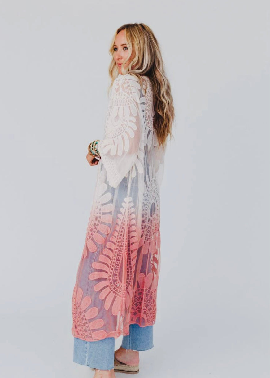 Poolside Ombré Lace Kimono-Rose