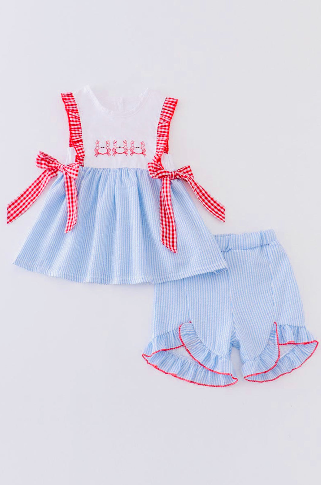 Blue Seersucker Crab Embroidery Girl Set