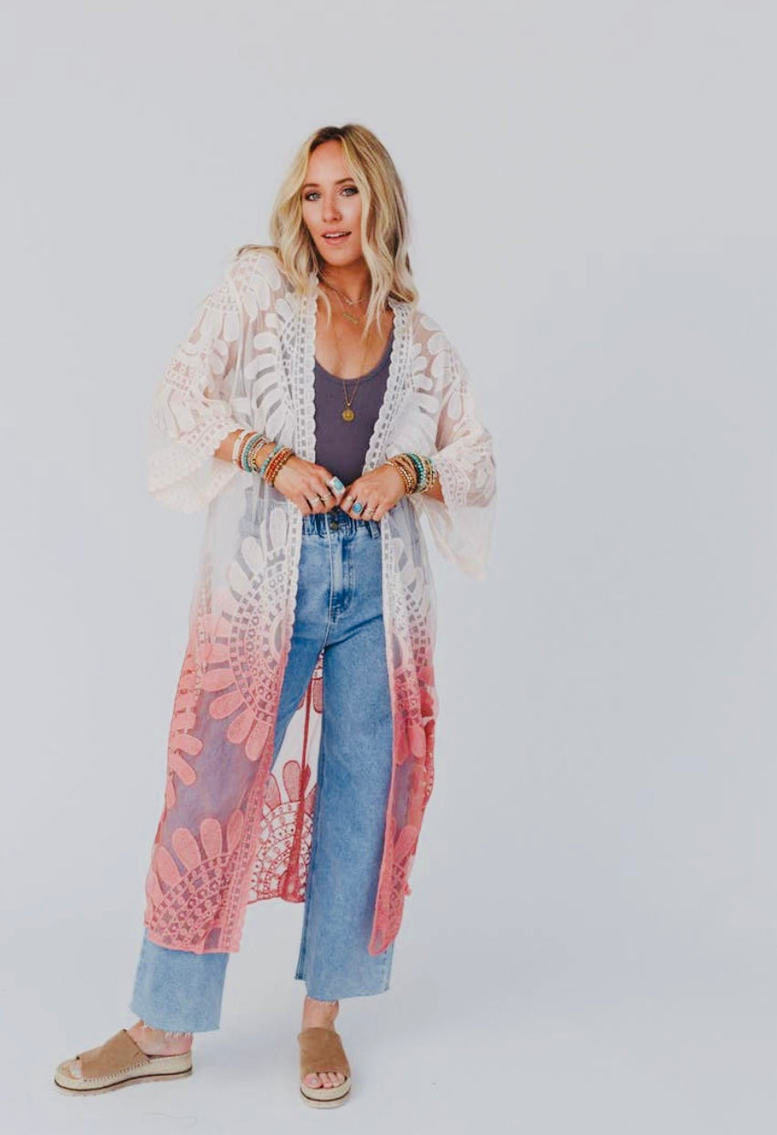 Poolside Ombré Lace Kimono-Rose